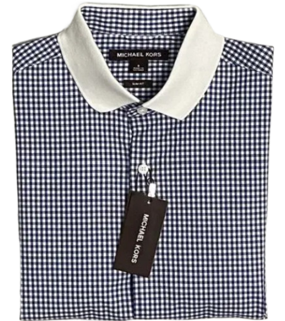 Michael Kors Shirt Men's Small Slim Fit Short Sleeve Polo Shirt Blue Gingham NWT